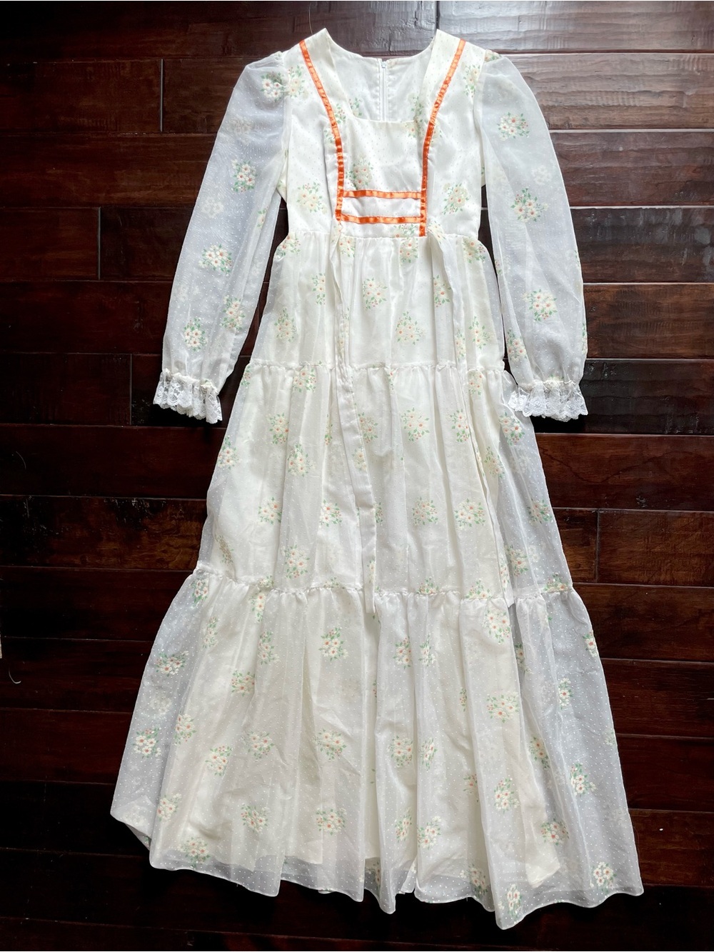Vintage 1970s Prairie Maxi Dress Sheer Floral Cottagecore XS-S